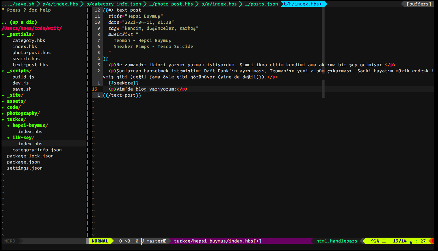 Vim'de blog yazdığımın ekran görüntüsü.